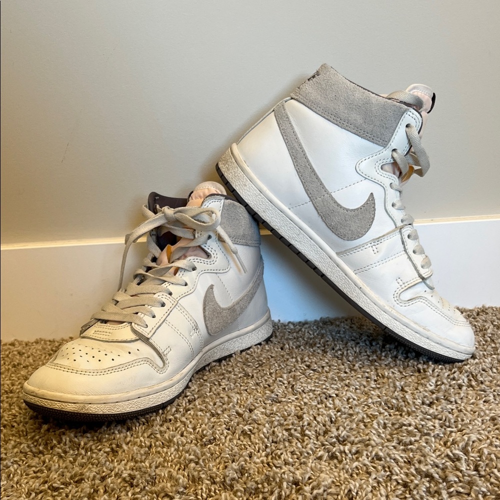 Nike Air High-Top Sneakers in White and Gray with baby pink tongue